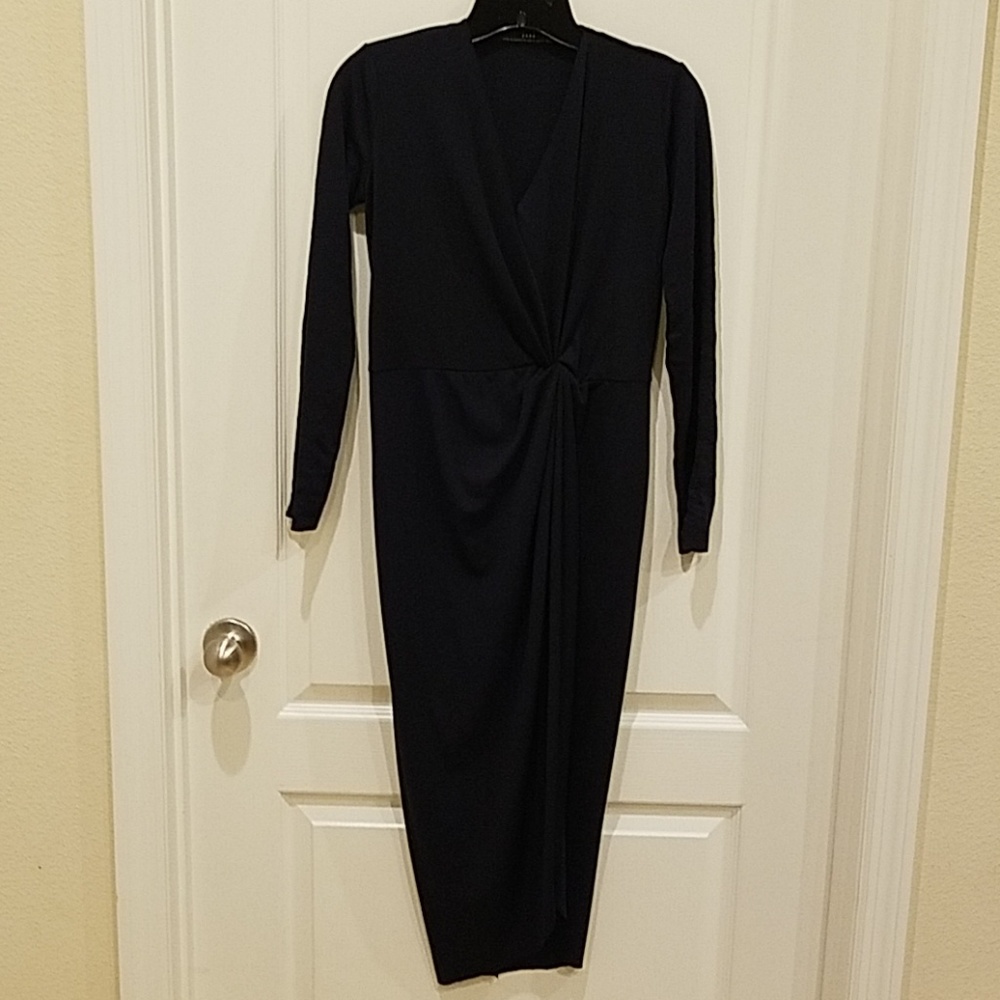 Navy blue dress with gathered detail in the front